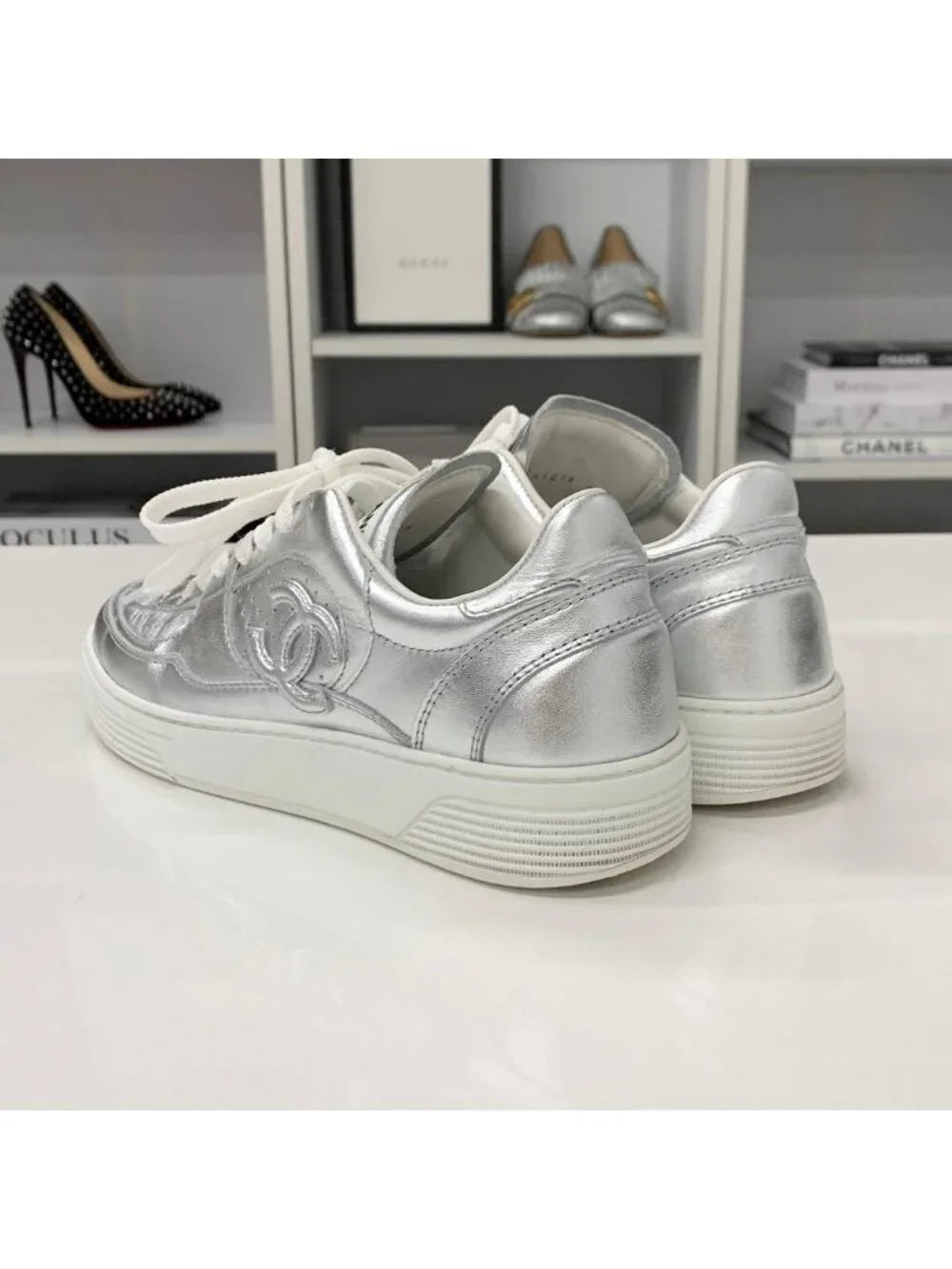 Chanel CC Logo Perforated Leather Sneakers Silver